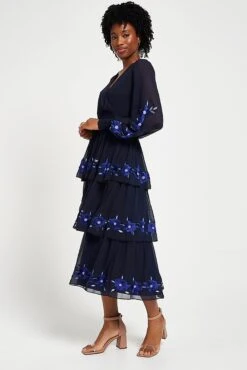 Tamsin Navy Floral Embroidered Midi Dress With Tiered Skirt
