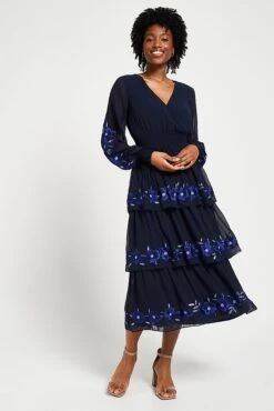Tamsin Navy Floral Embroidered Midi Dress With Tiered Skirt -Frock And Frill US Tamsin Navy Floral Embroidered Midi Dress 6