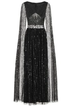 Ula Black Embellished Cape Sleeve Maxi Dress -Frock And Frill US Ula Black Embellished Maxi Dress 1