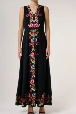 Valentina Black Floral Embroidered Maxi Dress With Pleated Cape -Frock And Frill US Valentina Black Floral Embroidered Cape Maxi Dress 14