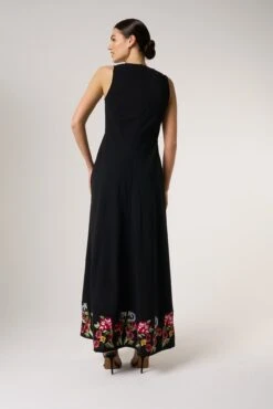 Valentina Black Floral Embroidered Maxi Dress With Pleated Cape -Frock And Frill US Valentina Black Floral Embroidered Cape Maxi Dress 15