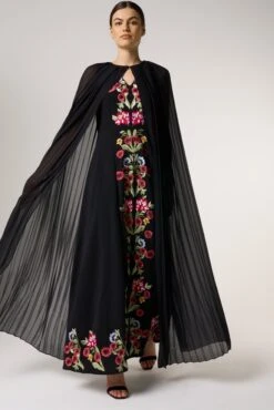 Valentina Black Floral Embroidered Maxi Dress With Pleated Cape