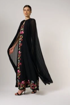 Valentina Black Floral Embroidered Maxi Dress With Pleated Cape -Frock And Frill US Valentina Black Floral Embroidered Cape Maxi Dress 19
