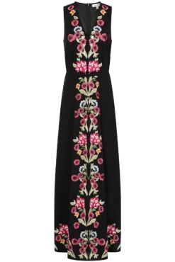 Valentina Black Floral Embroidered Maxi Dress With Pleated Cape -Frock And Frill US Valentina Black Floral Embroidered Cape Maxi Dress 2