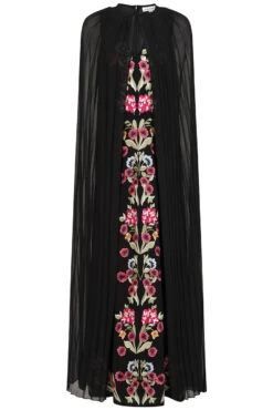 Valentina Black Floral Embroidered Maxi Dress With Pleated Cape -Frock And Frill US Valentina Black Floral Embroidered Cape Maxi Dress 4