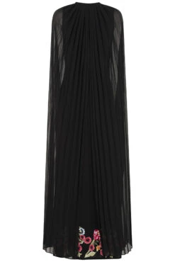 Valentina Black Floral Embroidered Maxi Dress With Pleated Cape -Frock And Frill US Valentina Black Floral Embroidered Cape Maxi Dress 6
