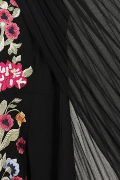 Valentina Black Floral Embroidered Maxi Dress With Pleated Cape -Frock And Frill US Valentina Black Floral Embroidered Cape Maxi Dress 8