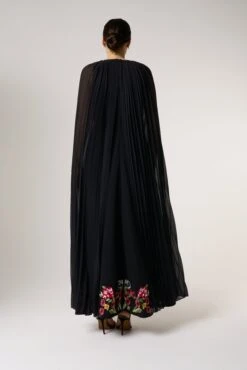 Valentina Black Floral Embroidered Maxi Dress With Pleated Cape -Frock And Frill US Valentina Black Floral Embroidered Cape Maxi Dress 1
