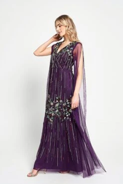 Verbena Purple Cape Sleeve Floral Embellished Maxi Dress -Frock And Frill US Verbena Purple Floral Embellished Cape Maxi Dress 13