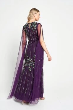 Verbena Purple Cape Sleeve Floral Embellished Maxi Dress -Frock And Frill US Verbena Purple Floral Embellished Cape Maxi Dress 15