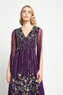 Verbena Purple Cape Sleeve Floral Embellished Maxi Dress -Frock And Frill US Verbena Purple Floral Embellished Cape Maxi Dress 16