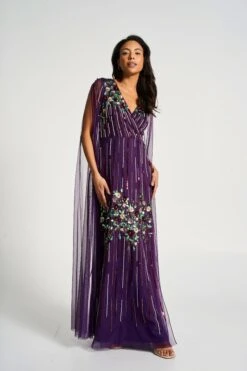 Verbena Purple Cape Sleeve Floral Embellished Maxi Dress -Frock And Frill US Verbena Purple Floral Embellished Cape Maxi Dress 2
