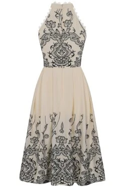Zalie Off White Embroidered Halter Neck Midi Dress -Frock And Frill US Zalie White Embroidered Midi Dress 1