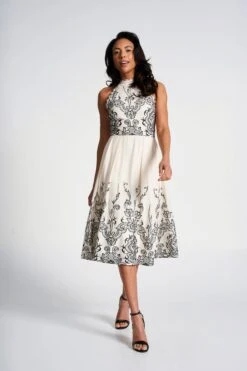 Zalie Off White Embroidered Halter Neck Midi Dress -Frock And Frill US Zalie White Embroidered Midi Dress 8