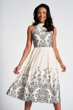 Zalie Off White Embroidered Halter Neck Midi Dress -Frock And Frill US Zalie White Embroidered Midi Dress 9