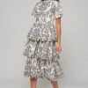 Zariah Off White Embroidered Tiered Midi Dress